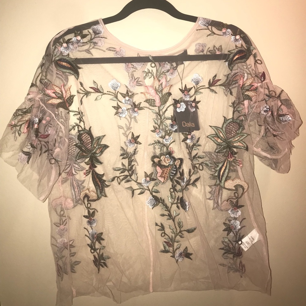 NWT Dalia Floral Embroidered Mesh Top in Blush